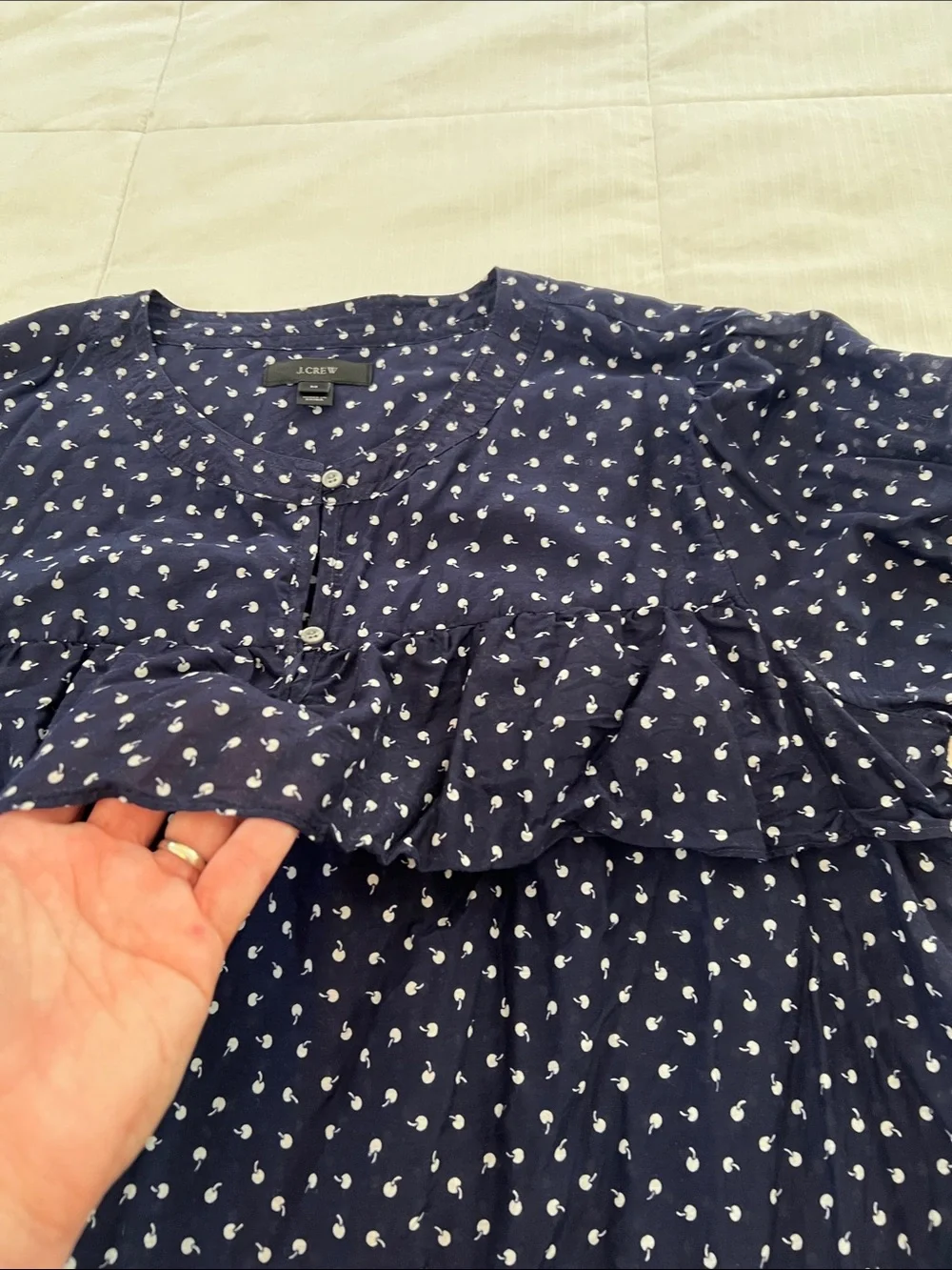 J. Crew Navy Blue Ruffle Front Blouse with White Cherry Print- slightly sheer - Picture 4 of 8